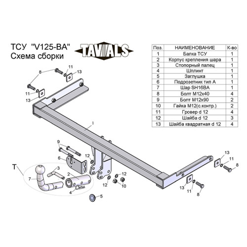 V125-BA TAVIALS ТСУ для Volkswagen Polo седан 2010-2020, Polo лифтбек 2020-2022, Skoda Rapid лифтбек 2012-2020, 2020-2022. Требуется подрезка бампера. Тип шара: C (оцинкованный, съемный). Нагрузки: 1300/75 кг, масса фаркопа 15,72 кг (без электрики в компл