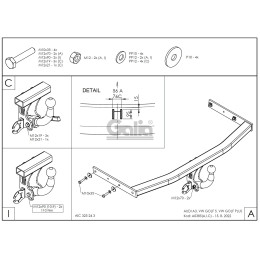 A038A GALIA Полностью оцинкованный фаркоп на Audi A3 2003-2008: хетчбек 3 двери, VW Golf V, VI, Plus хетчбек 3/5 дверей 2003-2008, 2008-2013 (2WD только). Тип шара: A. Подрезка б