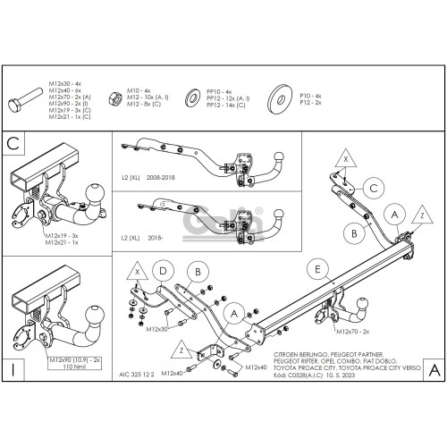 C052A GALIA Полностью оцинкованный фаркоп на Peugeot Partner II 2008-2018: L1 4380 мм., включая Partner II Tepee, Citroen Berlingo II 2008-2018: L1 4380 мм., Peugeot Partner III L1 2018-, Peugeot Rifter L1 2018-, Citroen Berlingo III L1 2018-, Toyota ProA