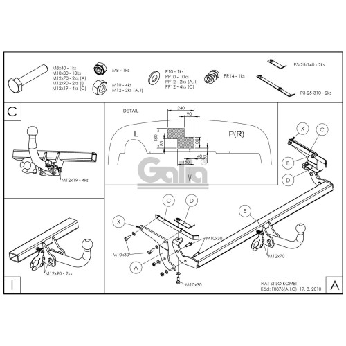 F087C GALIA Полностью оцинкованный фаркоп на FIAT Stilo универсал 2001-2007. Подрозетник убирается за бампер. Тип шара: C (горизонтальный съемный). Невидимый вырез бампера. Нагрузки: 1300/60 кг, масса фаркопа 15,57 кг
