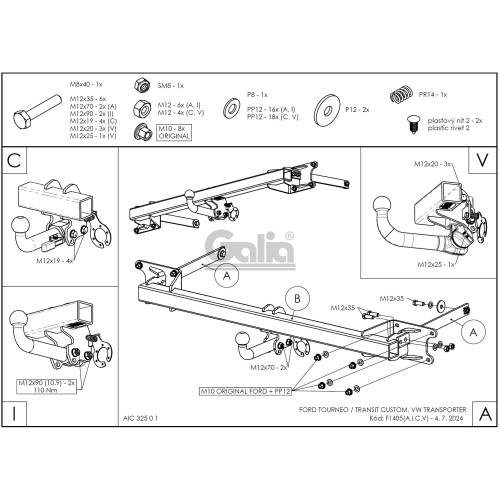 F140V GALIA Полностью оцинкованный фаркоп на Ford Tourneo Custom 2023-, Ford Transit Custom 2023-, VW Transporter T7 2024-. Тип шара: AV (вертикальное быстросъемное крепление шара на ключе). Установка без выреза бампера. Нагрузки: 2800/140 кг, масса фарко
