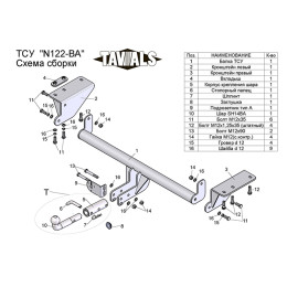 N122-BA TAVIALS ТСУ для Nissan X-Trail T32 2014-2022 без выреза бампера. Тип шара: C (оцинкованный, съемный). Нагрузки: 2000/75 кг, масса фаркопа 20,54 кг (без электрики 