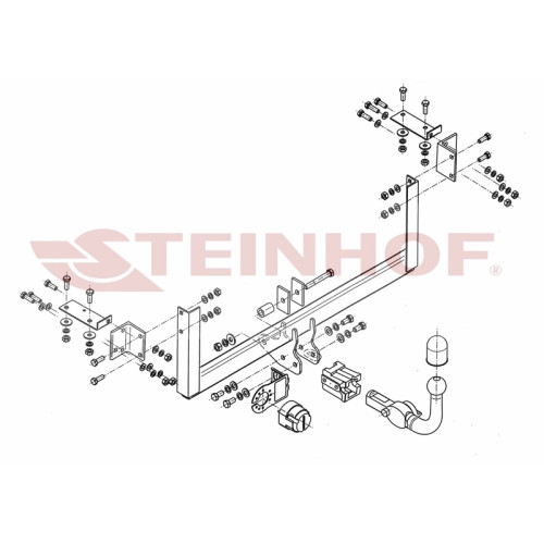 S-377 STEINHOF Фаркоп на Nissan Pixo 2009-2013, Suzuki Alto 2009-2014. Требуется подрезка бампера. Тип шара: AH (горизонтальное быстросъемное крепление шара на ключе). Нагрузки: 600/50 кг, масса фаркопа 13,4 кг (без электрики в комплекте)