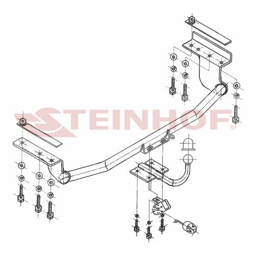 T-122 STEINHOF Фаркоп на Toyota Corolla E12 универсал 2002-2006. Требуется подрезка бампера. Тип шара: H (сварное крепление шара). Нагрузки: 1300/55 кг, масса фаркопа 17,8 кг (без электрики в комплекте)