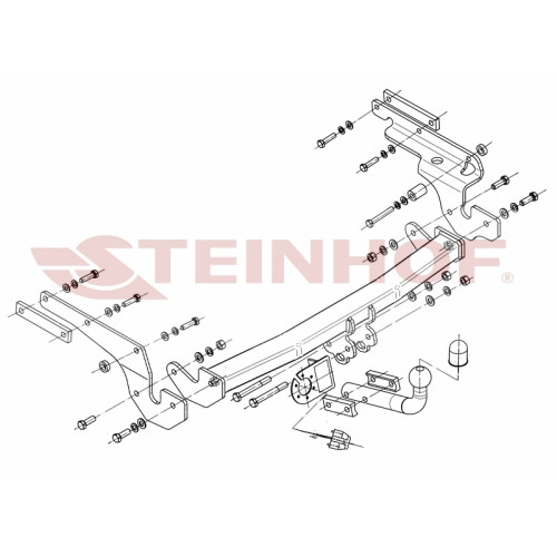 T-224 STEINHOF Фаркоп на Toyota Yaris хетчбек 3/5 дверей 2006-10/2011 без снятия и подрезки бампера. Тип шара: A. Нагрузки: 1300/55 кг, масса фаркопа 17,5 кг (без электрики в комплекте)