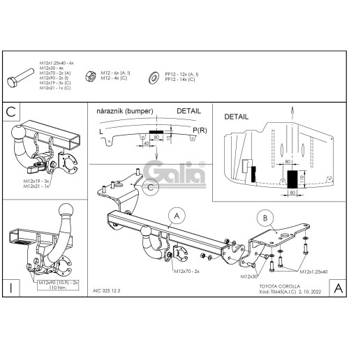 T064C GALIA Полностью оцинкованный фаркоп на Toyota Corolla седан E170 2013-2019. Тип шара: C (горизонтальный съемный). Невидимый вырез бампера. Нагрузки: 1600/75 кг, масса фаркопа 16,57 кг