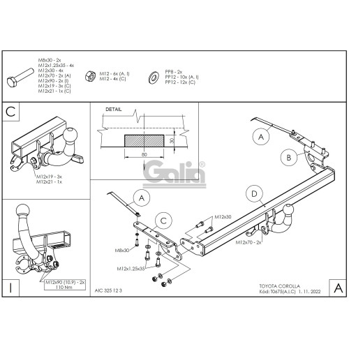 T067A GALIA Полностью оцинкованный фаркоп на Toyota Corolla хетчбек 3/5 дверей 2002-2007. Тип шара: A. Невидимый вырез бампера. Нагрузки: 1300/75 кг, масса фаркопа 13,52 кг
