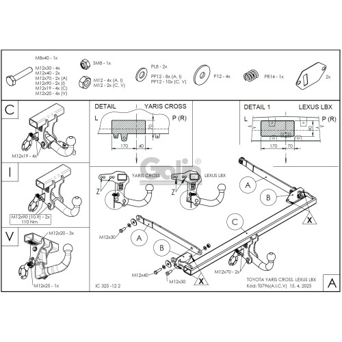 T079V GALIA Полностью оцинкованный фаркоп на Toyota Yaris Cross 2021-, Lexus LBX 2024-. Тип шара: AV (вертикальное быстросъемное крепление шара на ключе). Невидимый вырез бампера. Нагрузки: 1400/75 кг, масса фаркопа 16,12 кг