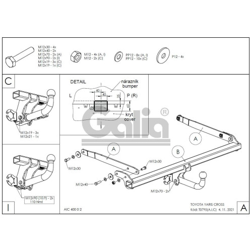 T079V GALIA Полностью оцинкованный фаркоп на Toyota Yaris Cross 2021-, Lexus LBX 2024-. Тип шара: AV (вертикальное быстросъемное крепление шара на ключе). Невидимый вырез бампера. Нагрузки: 1400/75 кг, масса фаркопа 16,12 кг