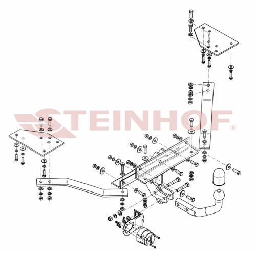 V-282 STEINHOF Фаркоп на Volvo S40 седан 2004-2012, Volvo V50 универсал 2004-2012 без подрезки бампера. Тип шара: A. Нагрузки: 1600/75 кг, масса фаркопа 15,9 кг (без электрики в комплекте)