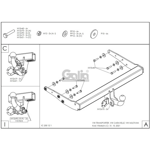 V064A GALIA Полностью оцинкованный фаркоп на Volkswagen Transporter / Caravelle / Multivan T5 2003-2015, T6 2015-2024, включая 4WD, включая модели с парктрониками. Тип шара: A. Без выреза бампера. Нагрузки: 2800/120 кг, масса фаркопа 14,62 кг