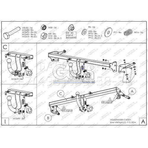 V067C GALIA Полностью оцинкованный фаркоп на Volkswagen Caddy 2004-2020, включая Maxi, включая 4WD. Подрозетник убирается за бампер. Тип шара: C (горизонтальный съемный). Установка без выреза бампера. Нагрузки: 1650/80 кг, масса фаркопа 16,37 кг
