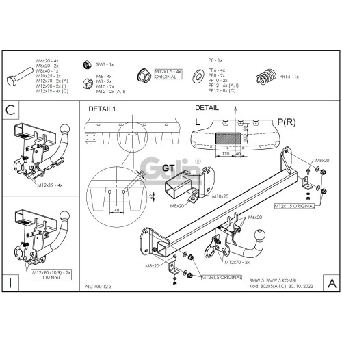 B020C GALIA Полностью оцинкованный фаркоп на BMW 5-Series седан F10 / универсал F11 2010-2016, BMW 5-Series GT F07 2010-2017. Подрозетник убирается за бампер. Тип шара: C (горизонтальный съемный). Невидимый вырез бампера. Нагрузки: 2200/100 кг, масса фарк