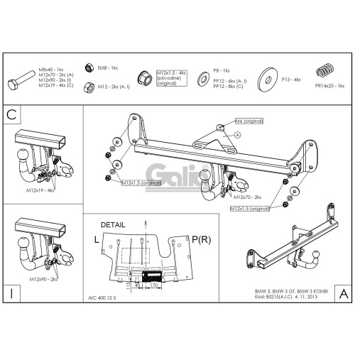 B021C GALIA Полностью оцинкованный фаркоп на BMW 3-Series седан/универсал 2011-2018, BMW 1-Series 2011-2019. Подрозетник убирается за бампер. Невидимый вырез бампера. Тип шара: C (горизонтальный съемный). Нагрузки: 1900/75 кг, масса фаркопа 12,82 кг