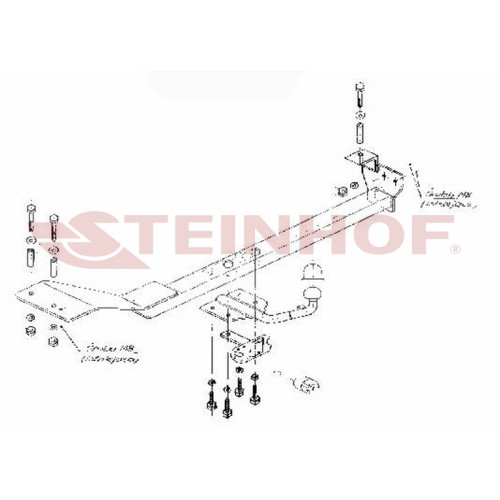 F-050 STEINHOF Фаркоп на FIAT Bravo хетчбек 3/5 дверей 1993-1995, FIAT Bravo хетчбек 3 двери 1995-2001, Lancia Delta хетчбек 3/5 дверей 09/1993-07/1995 без подрезки бампера. Тип шара: H (сварное крепление шара). Нагрузки: 1300/70 кг, масса фаркопа 13,3 кг