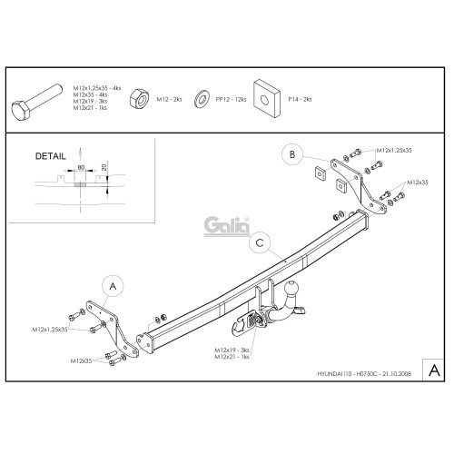 H075C GALIA Полностью оцинкованный фаркоп на Hyundai i10 2008-2013. Тип шара: C (горизонтальный съемный). Невидимый вырез бампера. Нагрузки: 700/28 кг, масса фаркопа 15,07 кг