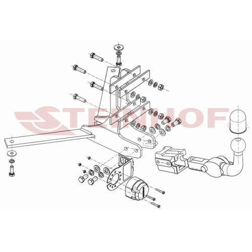 S-017 STEINHOF Фаркоп на Saab 9-3 универсал 2002-2012. Требуется подрезка бампера. Тип шара: AH (горизонтальное быстросъемное крепление шара на ключе). Нагрузки: 1600/75 кг, масса фаркопа 12,66 кг (без электрики в комплекте)