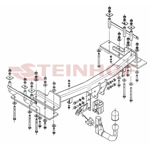S-453 STEINHOF Фаркоп на SsangYong Kyron 2005-2016. Требуется подрезка бампера. Тип шара: AV (вертикальное быстросъемное крепление шара на ключе). Нагрузки: 2300/100 кг, масса фаркопа 28,5 кг (без электрики в комплекте)