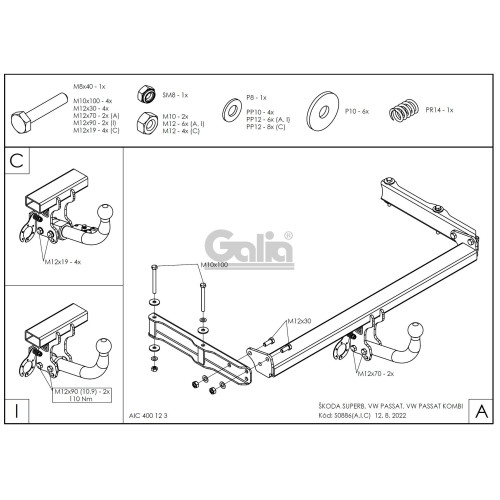 S088A GALIA Полностью оцинкованный фаркоп на Skoda Superb I 2002-2008, Volkswagen Passat B5 седан/универсал 1996-2005. Выхлопная труба с левой стороны. Подрозетник убирается за бампер. Тип шара: A. Невидимый вырез бампера. Нагрузки: 2100/85 кг, масса фарк