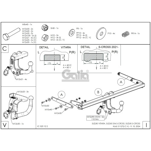 S112C GALIA Полностью оцинкованный фаркоп на Suzuki Vitara 2015-2018, 2018-, Suzuki SX4 S-Cross 2013-2021, 2021- 2WD/4WD. Тип шара: C (горизонтальный съемный), установленный крюк закрывает противотуманный фонарь. Невидимый вырез бампера. Нагрузки: 1600/75