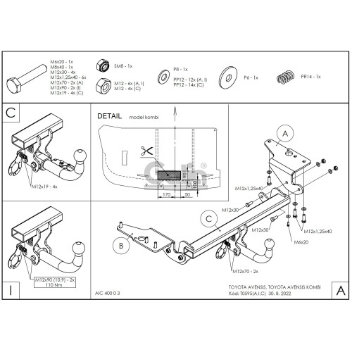 T059C GALIA Полностью оцинкованный фаркоп на Toyota Avensis седан/универсал 2009-2018. Подрозетник убирается за бампер. Тип шара: C (горизонтальный съемный). Установка без снятия и выреза бампера. Нагрузки: 2000/80 кг, масса фаркопа 19,47 кг