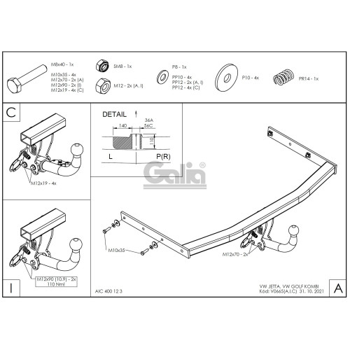 V066C GALIA Полностью оцинкованный фаркоп на Volksawgen Jetta 2005-2010, Volkswagen Golf V универсал 2007-2008, Golf VI универсал 2008-2013. Подрозетник убирается за бампер. Тип шара: C (горизонтальный съемный). Невидимый вырез бампера. Нагрузки: 1600/75 