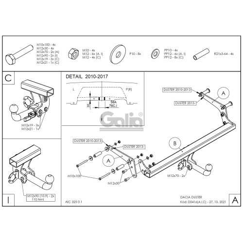 D041C GALIA Полностью оцинкованный фаркоп на Renault Duster 2WD, 4WD 2010-2015, 2015-2021, Renault Duster 2 2021-2022, Nissan Terrano 2014-2022. Тип шара: C (горизонтальный съемный). Невидимый вырез бампера. Нагрузки: 1600/75 кг, масса фаркопа 15,37 кг