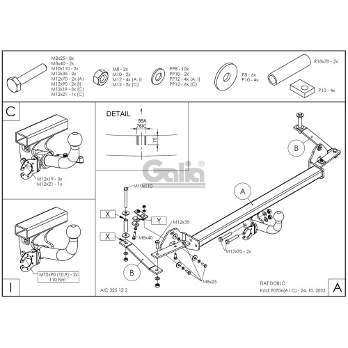 F070C GALIA Полностью оцинкованный фаркоп на FIAT Doblo 2001-2010. Тип шара: C (горизонтальный съемный). Невидимый вырез бампера. Нагрузки: 1500/60 кг, масса фаркопа 16,77 кг