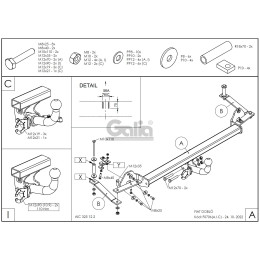F070C GALIA Полностью оцинкованный фаркоп на FIAT Doblo 2001-2010. Тип шара: C (горизонтальный съемный). Невидимый вырез бампера. Нагрузки: 1500/60 кг, масса фа