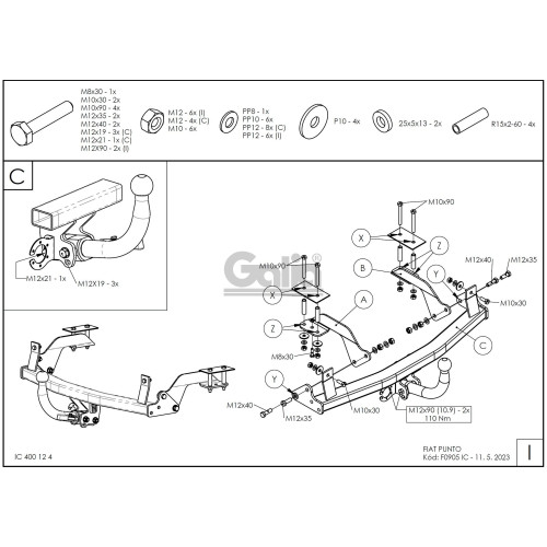 F090C GALIA Полностью оцинкованный фаркоп на FIAT Punto 1999-2005, FIAT Grande Punto 2005-2012. Тип шара: C (горизонтальный съемный). Без выреза бампера. Нагрузки: 1100/60 кг, масса фаркопа 16,07 кг