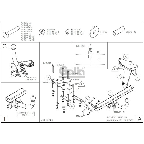 F109C GALIA Полностью оцинкованный фаркоп на Suzuki SX4 хетчбек 5 дверей 2006-2013 2WD/4WD, FIAT Sedici 2006-2014. Тип шара: C (горизонтальный съемный). Невидимый вырез бампера. Нагрузки: 1200/70 кг, масса фаркопа 18,67 кг