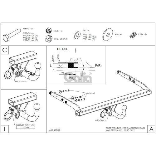 F115C GALIA Полностью оцинкованный фаркоп на Ford Mondeo седан/универсал 2007-2014. Подрозетник убирается за бампер. Тип шара: C (горизонтальный съемный). Невидимый вырез бампера. Нагрузки: 2000/80 кг, масса фаркопа 17,17 кг
