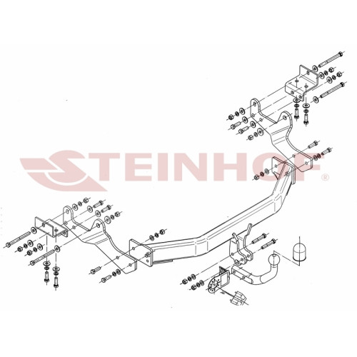 H-241 STEINHOF Фаркоп на Hyundai H1 / H300 фургон, микроавтобус 2008-2018, 2018-2023. Требуется подрезка бампера. Тип шара: A. Нагрузки: 2400/100 кг, масса фаркопа 25,8 кг (без электрики в комплекте)
