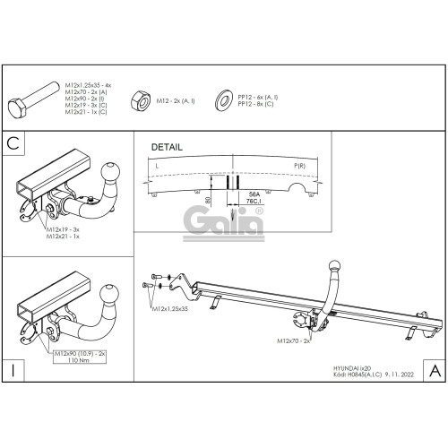 H084A GALIA Полностью оцинкованный фаркоп на Hyundai ix20 2010-2019. Тип шара: A. Невидимый вырез бампера. Нагрузки: 1300/75 кг, масса фаркопа 13,62 кг