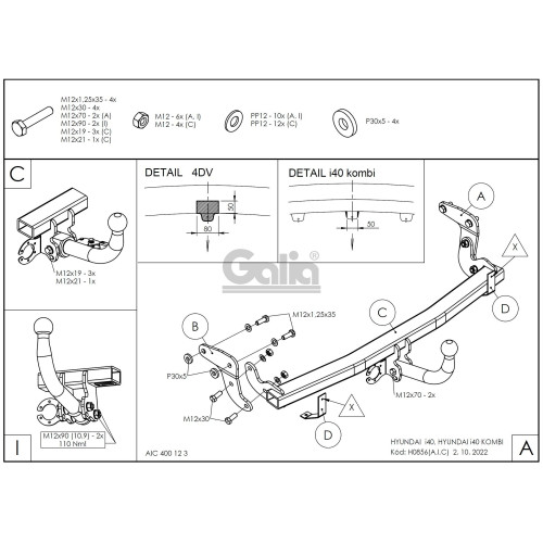 H085A GALIA Полностью оцинкованный фаркоп на Hyundai i40 седан/универсал 2012-2019. Тип шара: A. Без выреза бампера. Нагрузки: 1800/85 кг, масса фаркопа 15,22 кг