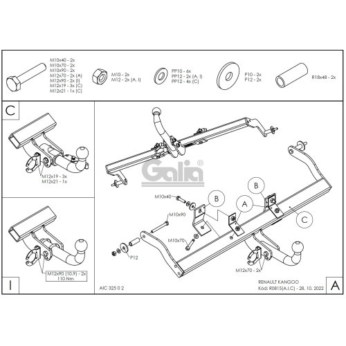 R081A GALIA Полностью оцинкованный фаркоп на Renault Kangoo 1998-2010, кроме 4x4, кроме Long. Тип шара: A. Установка без снятия и выреза бампера. Нагрузки: 1350/75 кг, масса фаркопа 12,42 кг