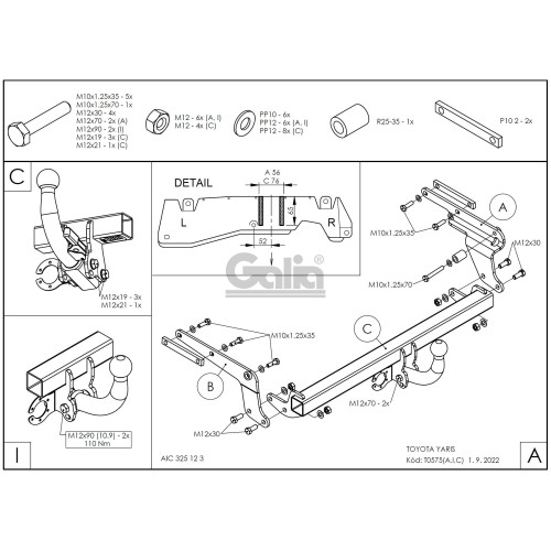 T057C GALIA Полностью оцинкованный фаркоп на Toyota Yaris 2005-2014. Особенности: с 2012 по 2014 необходимо отрегулировать положение глушителя. Тип шара: C (горизонтальный съемный). Без выреза бампера. Нагрузки: 1050/50 кг, масса фаркопа 14,6 кг