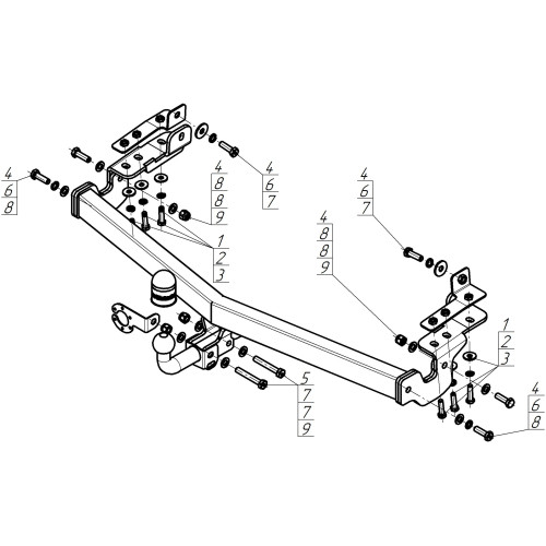 99024-A MOTODOR Фаркоп с оцинкованным шаром на Chery Tiggo 9 2024-. Невидимый вырез в бампере. Тип шара: A. Нагрузки 1250/50 кг, масса фаркопа 17 кг (без электрики в комплекте)