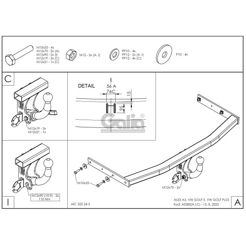 A038C GALIA Полностью оцинкованный фаркоп на Audi A3 2003-2008: хетчбек 3 двери, VW Golf V, VI, Plus хетчбек 3/5 дверей 2003-2008, 2008-2013 (2WD только). Тип шара: C (горизонтальный съемный). Подрезка бампера. Нагрузки: 1600/75 кг, масса фаркопа 15,37 кг
