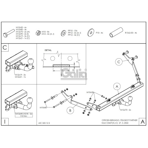 C043A GALIA Полностью оцинкованный фаркоп на Citroen Berlingo I 1996-2008, Berlingo First 2008-2012, Peugeot Partner I 1996-2008, Partner Origin 2008-2012. Особенности: для колесных баз 2690 мм и 2693 мм. Тип шара: A. Невидимый вырез бампера. Нагрузки: 11