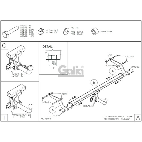 D055V GALIA Полностью оцинкованный фаркоп на Renault Duster 2024-, Dacia Duster 2024-, Dacia Bigster 2025-, Renault Bigster 2025-. Тип шара: AV (вертикальное быстросъемное крепление шара на ключе). Требуется вырез бампера. Нагрузки: 1700/80 кг, масса фарк