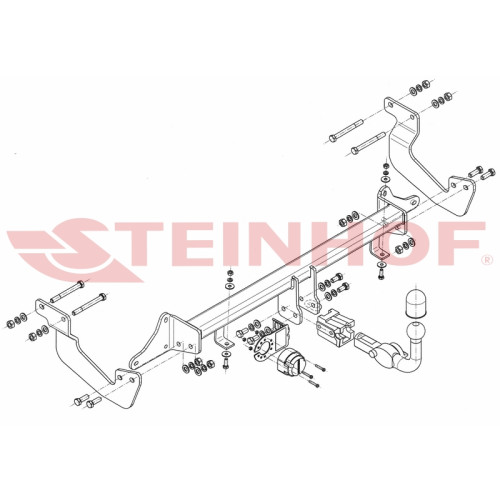 F-306 STEINHOF Фаркоп на Ford Transit Courier 2014-, Ford Tourneo Courier 2014- без подрезки бампера. Тип шара: AH (горизонтальное быстросъемное крепление шара на ключе). Нагрузки: 1200/75 кг, масса фаркопа 20 кг (без электрики в комплекте)