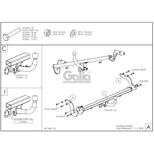 H043A GALIA Полностью оцинкованный фаркоп на Hyundai Matrix 2001-2008. Тип шара: A. Без выреза бампера. Нагрузки: 1400/52 кг, масса фаркопа 15,22 кг
