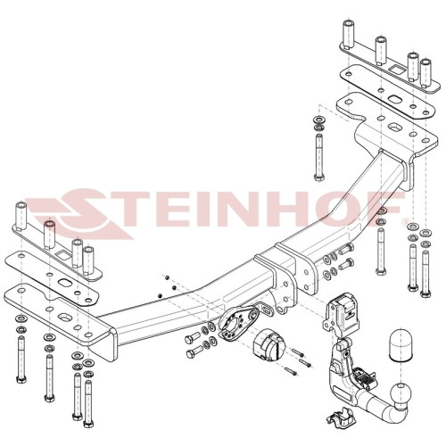 L-123 STEINHOF Фаркоп на Land Rover Discovery Sport L550 (с запасным колесом в багажнике) 2014-2019. Требуется подрезка бампера. Тип шара: AV (вертикальное быстросъемное крепление шара на ключе). Нагрузки: 2500/150 кг, масса фаркопа 28,5 кг (без электрики