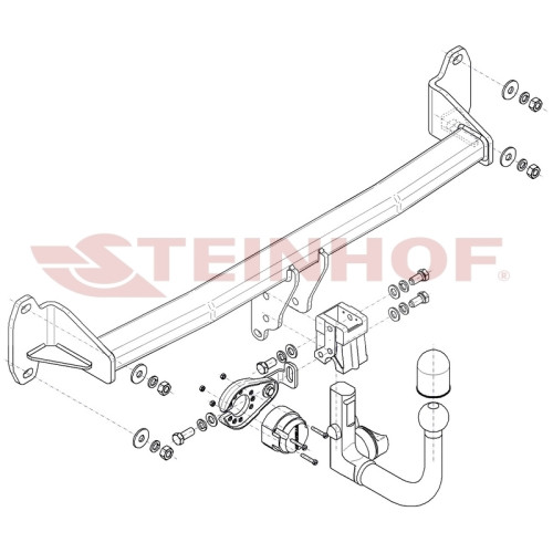 M-285 STEINHOF Фаркоп на Mini Cooper Countryman 2WD F60 2017-2024, Mini Cooper Clubman 2WD F54 2015-2024 без подрезки бампера. Тип шара: AV (вертикальное быстросъемное крепление шара на ключе). Нагрузки: 2000/100 кг, масса фаркопа 11,4 кг (без электрики в