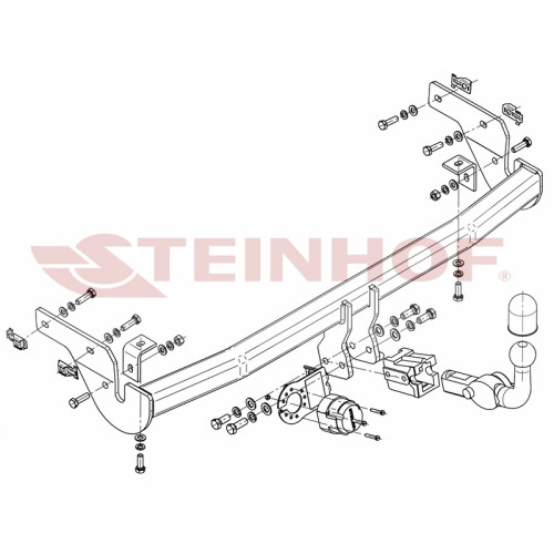 P-028 STEINHOF Фаркоп на Peugeot 207 хетчбек 3/5 дверей 2006-2012. Требуется подрезка бампера. Тип шара: AH (горизонтальное быстросъемное крепление шара на ключе). Нагрузки: 1200/50 кг, масса фаркопа 17,5 кг (без электрики в комплекте)