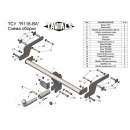 R116-BA TAVIALS ТСУ для Renault Kaptur 2016-2022 без снятия и выреза бампера. Тип шара: C (оцинкованный, съемный). Нагрузки: 1200/75 кг, масса фаркопа 14,7 кг (без элек