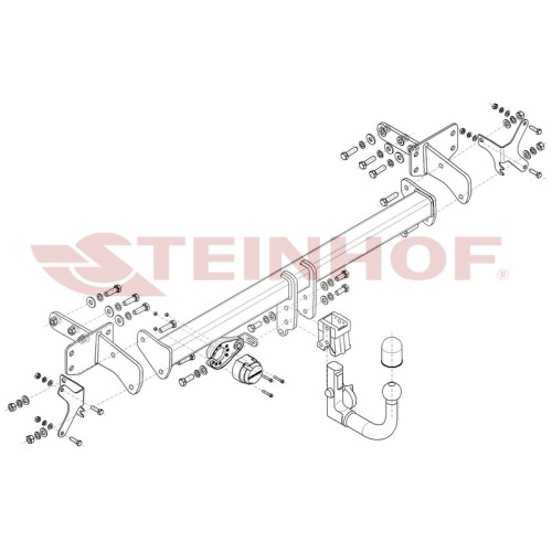 S-483 STEINHOF Фаркоп на KGM Korando 2023-, SsangYong Korando (CW) 2WD/4WD (также AdBlue) 2019-2023. Требуется подрезка бампера. Тип шара: AV (вертикальное быстросъемное крепление шара на ключе). Нагрузки: 2100/120 кг, масса фаркопа 17,1 кг (без электрики