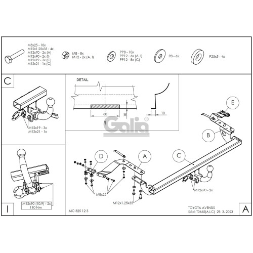 T066A GALIA Полностью оцинкованный фаркоп на Toyota Avensis седан/лифтбек 2003-2009. Тип шара: A. Невидимый вырез бампера. Нагрузки: 1600/75 кг, масса фаркопа 13,62 кг