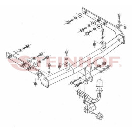 V-135 STEINHOF Фаркоп на Ford Galaxy 1995-04/2000, Seat Alhambra 1995-04/2000, Volkswagen Sharan 1995-04/2000. Требуется подрезка бампера. Тип шара: A. Нагрузки: 2100/85 кг, масса фаркопа 17,2 